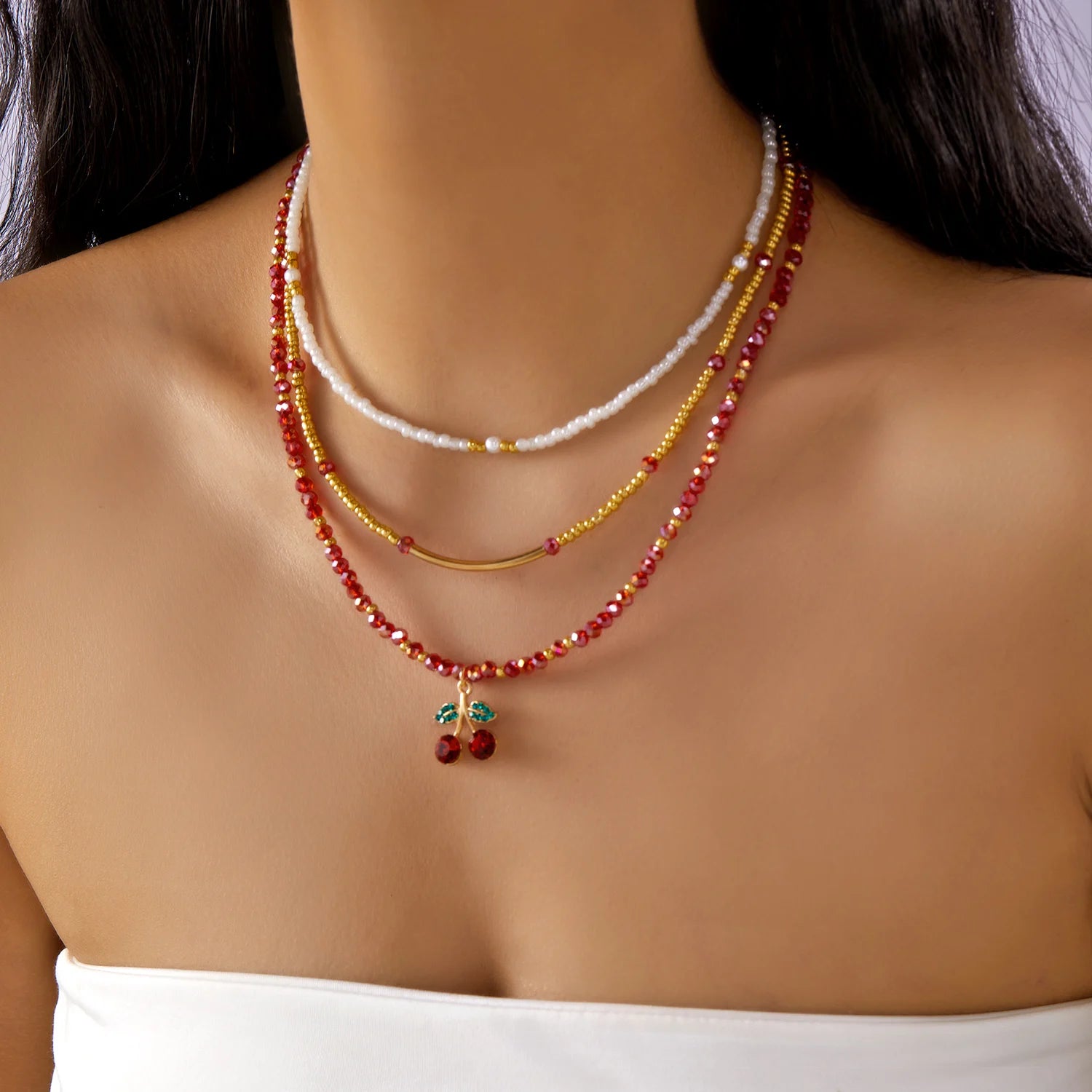 Trendy Red Fruit Cherry Pearl Necklace For Women