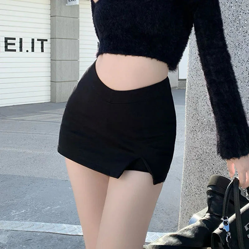 Black High-Waist Split Mini Skirt (Sexy Club & Streetwear Style)