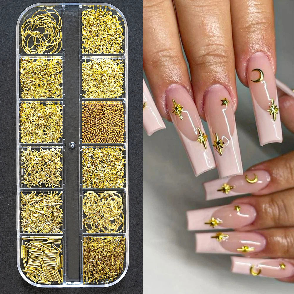 1 Box Half Round Flatback Nail Rhinestones Multi Size Gold& Silver