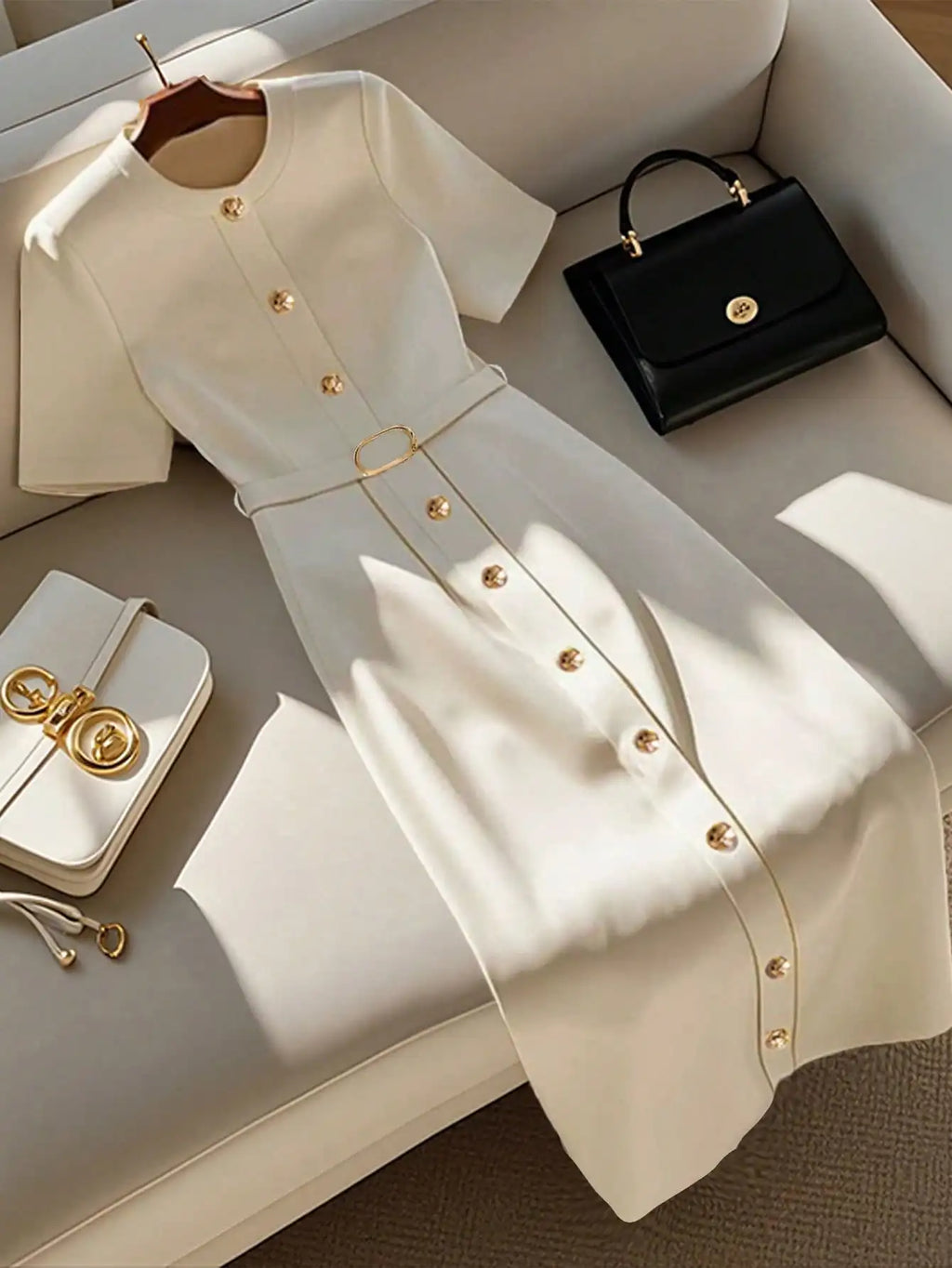 Women's Elegant Beige Midi Dress with Short Sleeves and Belt