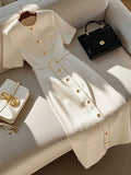 Women's Elegant Beige Midi Dress with Short Sleeves and Belt