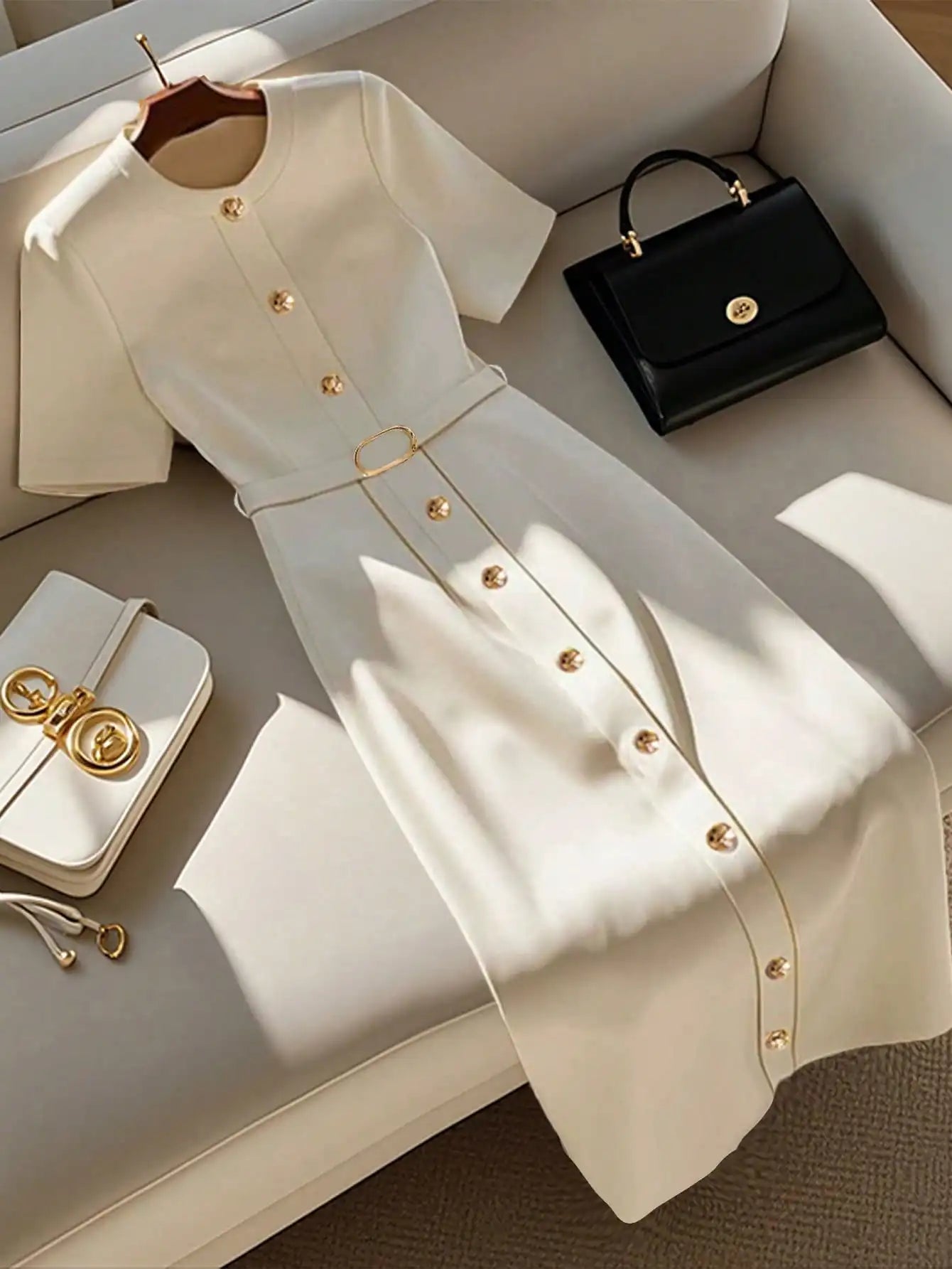 Women's Elegant Beige Midi Dress with Short Sleeves and Belt