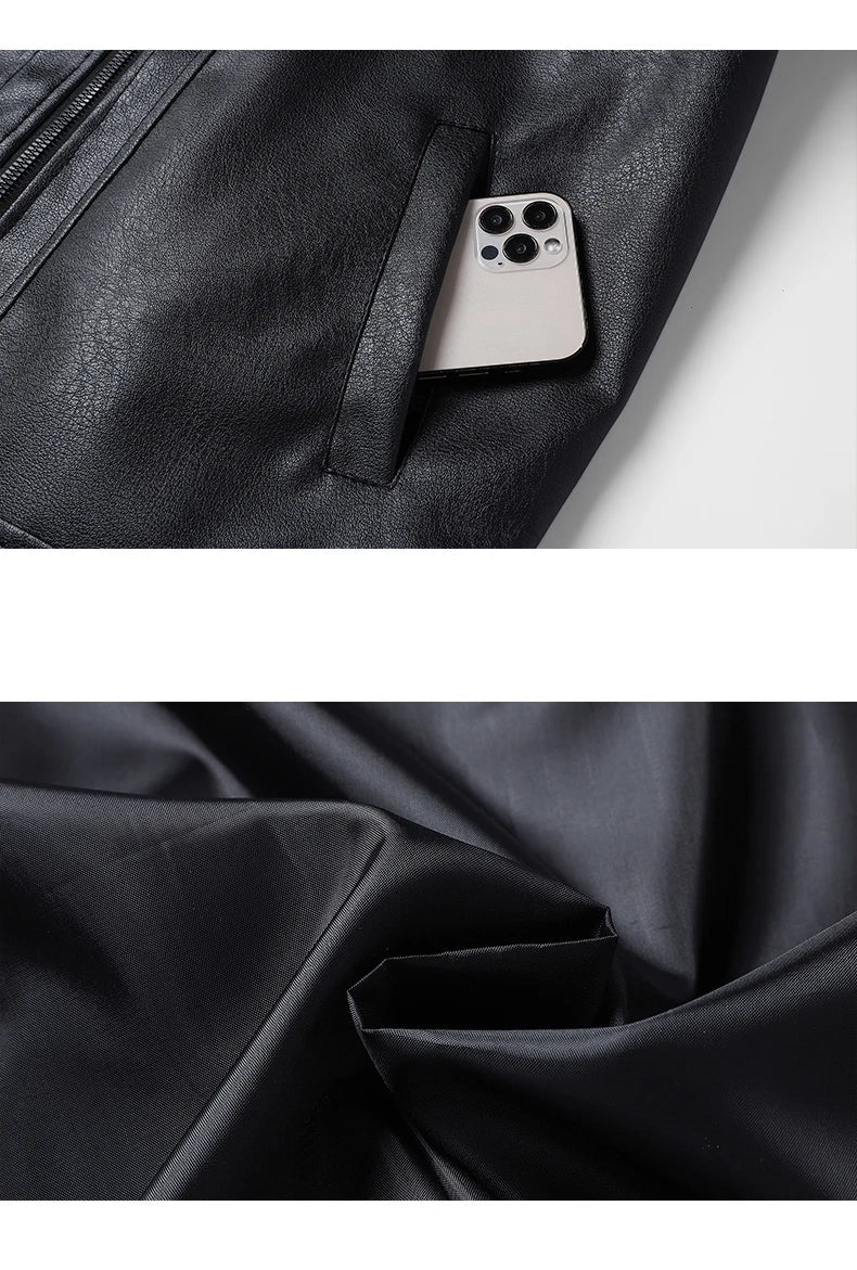 Men’s Black Faux Leather Biker Jacket – Casual Windbreaker