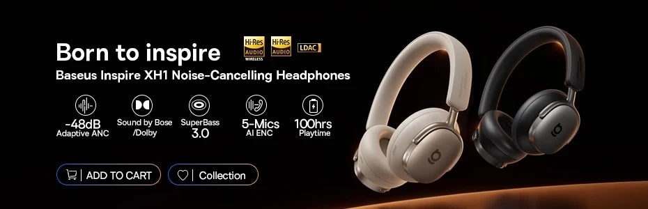 Baseus EH10 NC wireless headphones with adaptive noise canceling, Hi-Res audio, Bluetooth 6.0, and 80-hour battery.