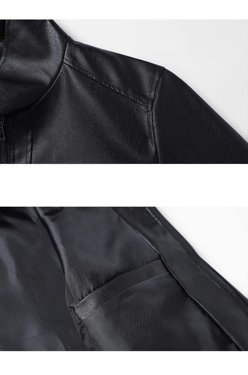 Men’s Black Faux Leather Biker Jacket – Casual Windbreaker