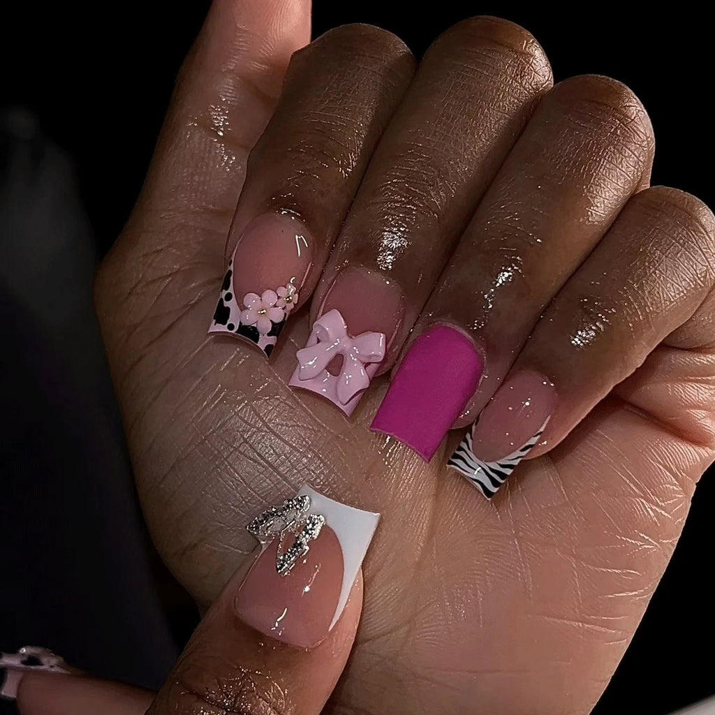 White French Press on Nails 3D Bowknot