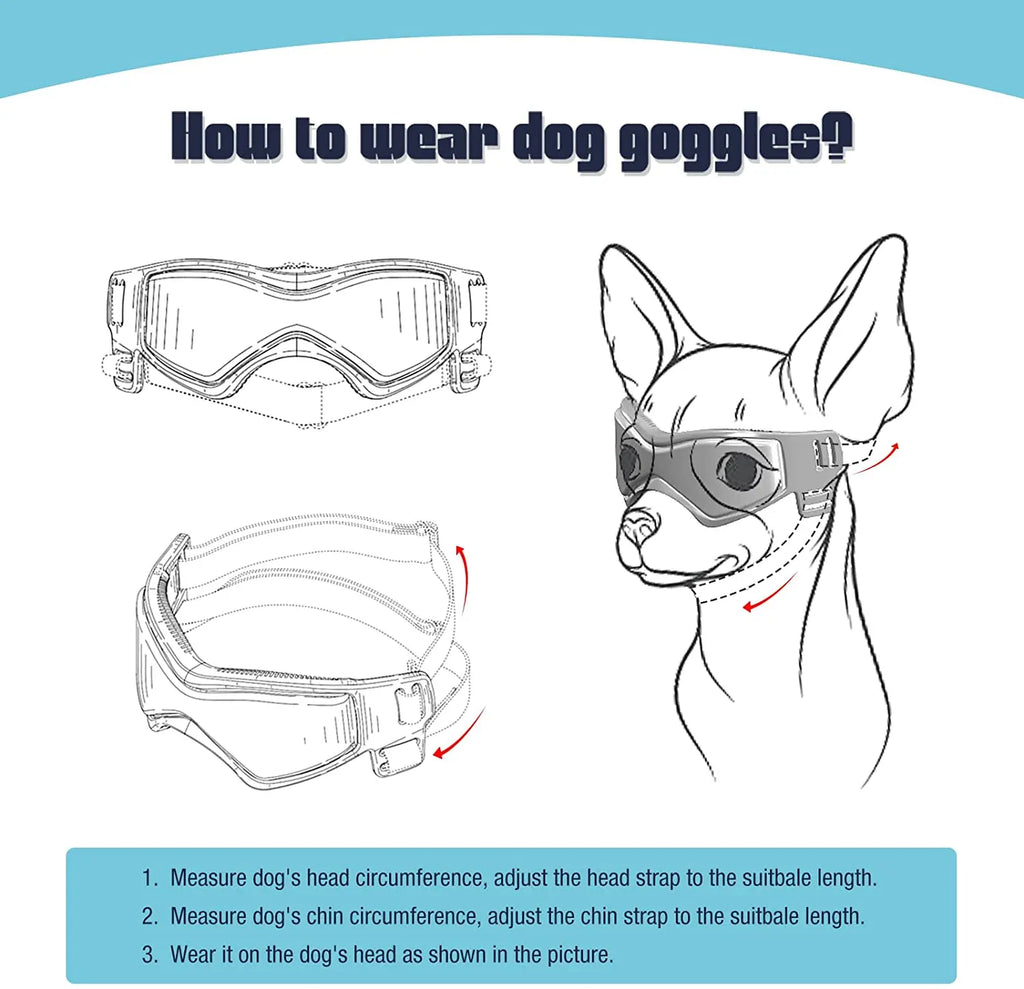 Dog and cat UV-protection goggles with adjustable straps for small to medium pets.