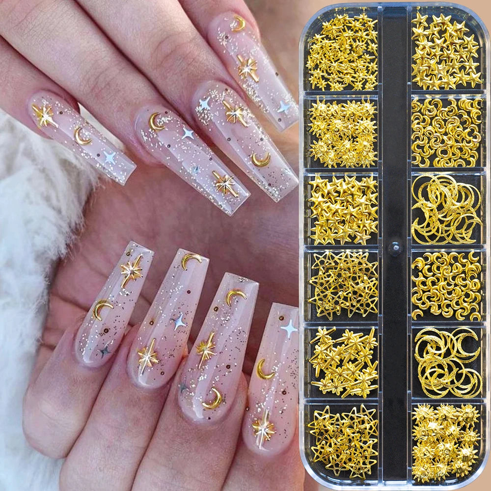 1 Box Half Round Flatback Nail Rhinestones Multi Size Gold& Silver