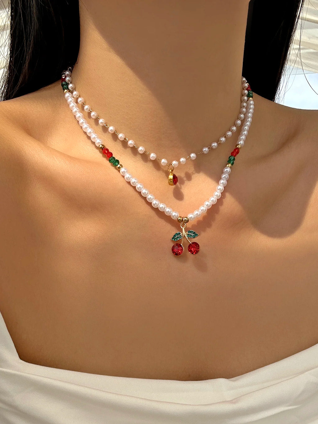 Trendy Red Fruit Cherry Pearl Necklace For Women
