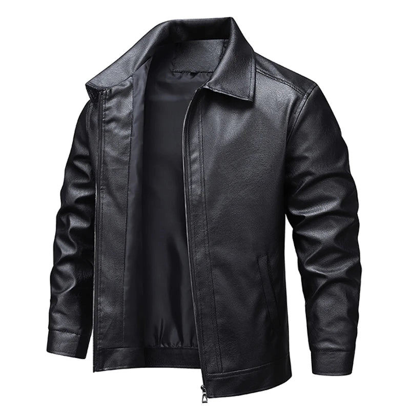 Men’s Black Faux Leather Biker Jacket – Casual Windbreaker