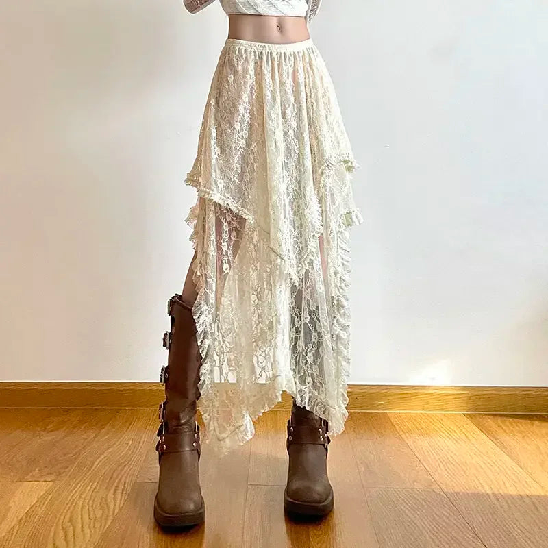 Lace Asymmetrical High-Waist Fairycore Skirt (Vintage Y2K Boho Style)