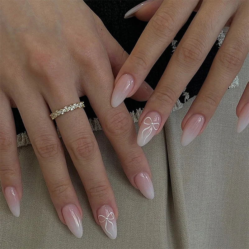 White French Press on Nails 3D Bowknot