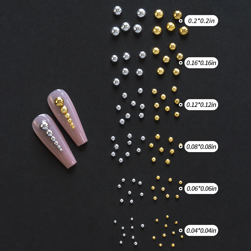 1 Box Half Round Flatback Nail Rhinestones Multi Size Gold& Silver