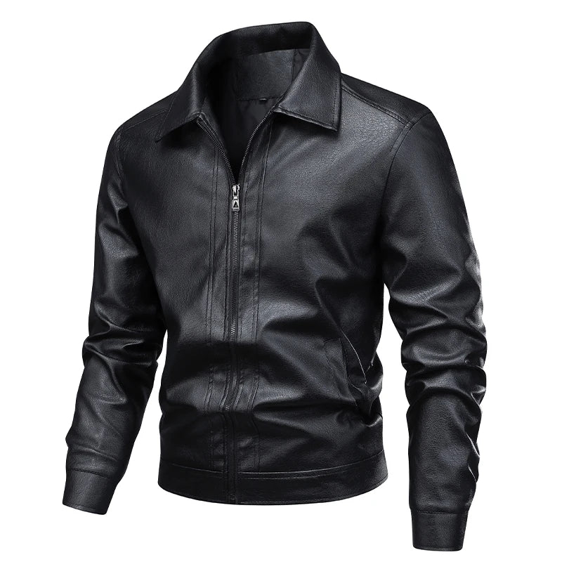 Men’s Black Faux Leather Biker Jacket – Casual Windbreaker