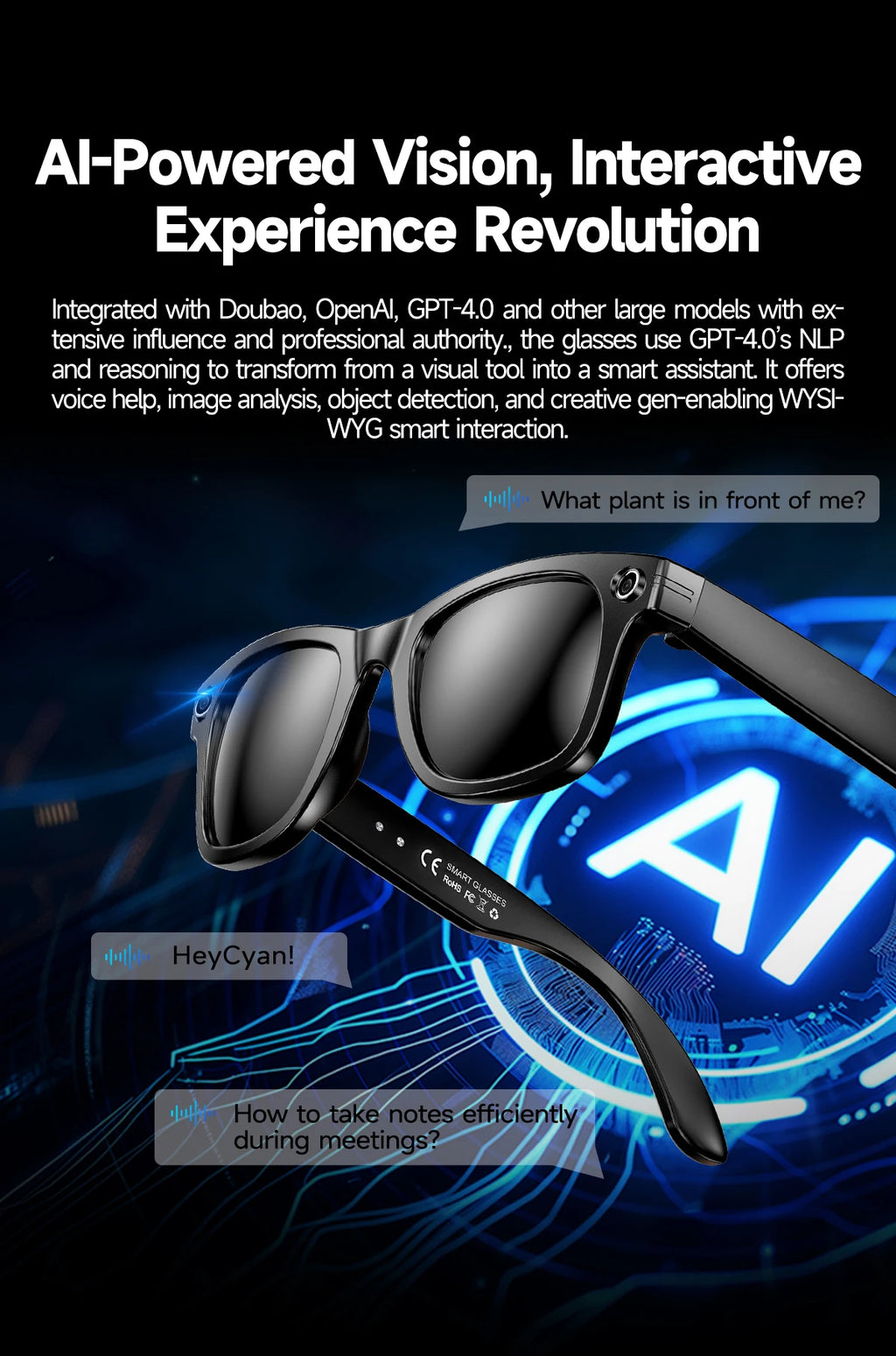 800W AI Camera Smart Glasses – Translation, Photo/Video, Waterproof, Calls, Color-Changing