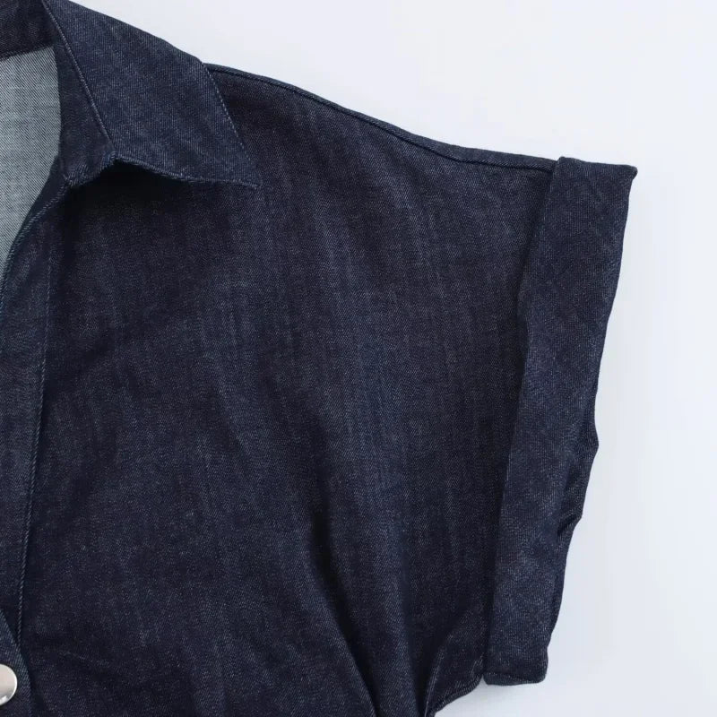 1975 Denim Midi Dress with Lapel & Slim Waist