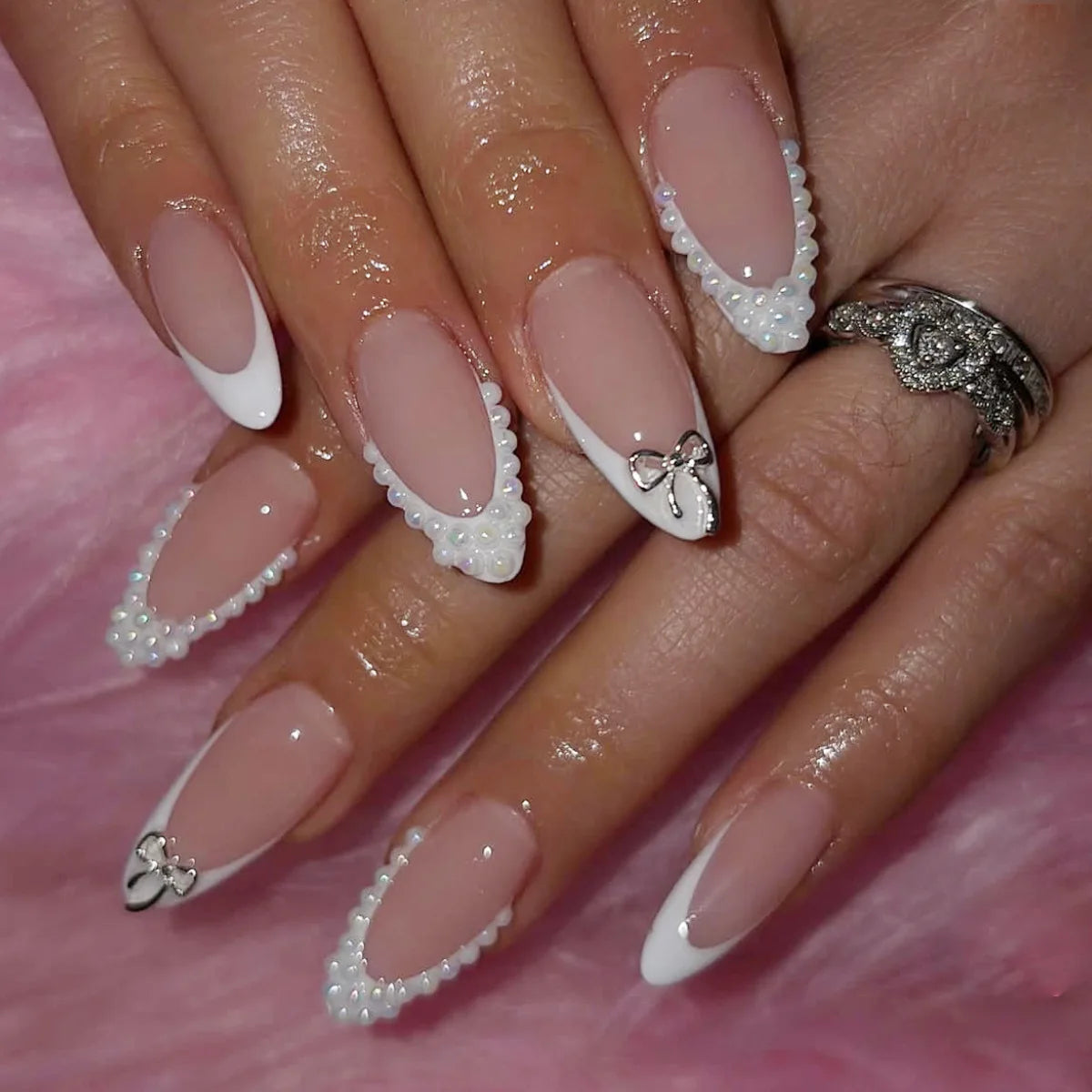 White French Press on Nails 3D Bowknot