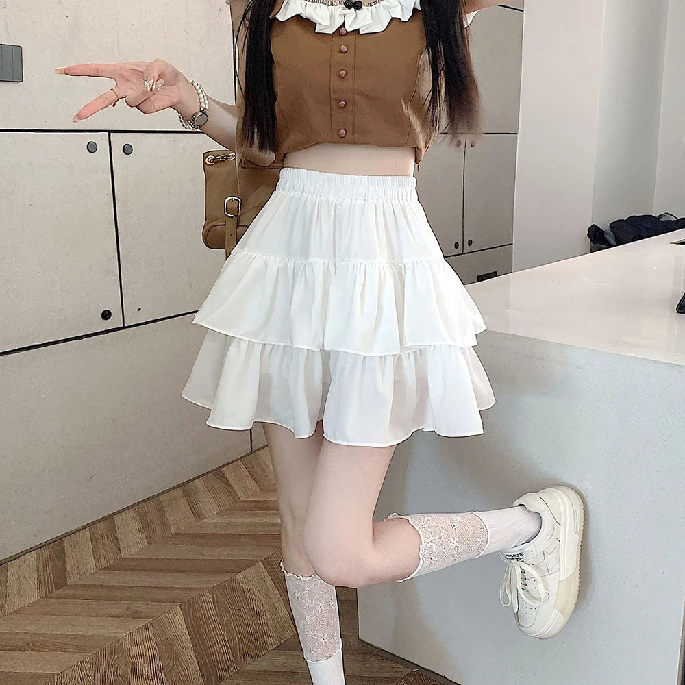 White Tiered Ruffle Skirt with Elastic Waist (Preppy Summer Style)