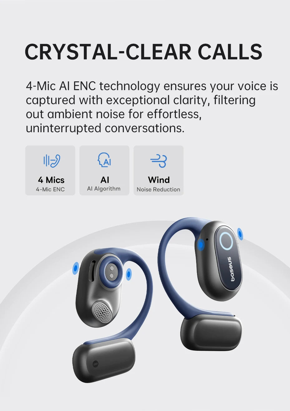 Baseus Bowie MF1 / Eli 15i Fit Open-Ear Wireless Earphones – Bluetooth 5.4, Earhooks, 60H Playtime