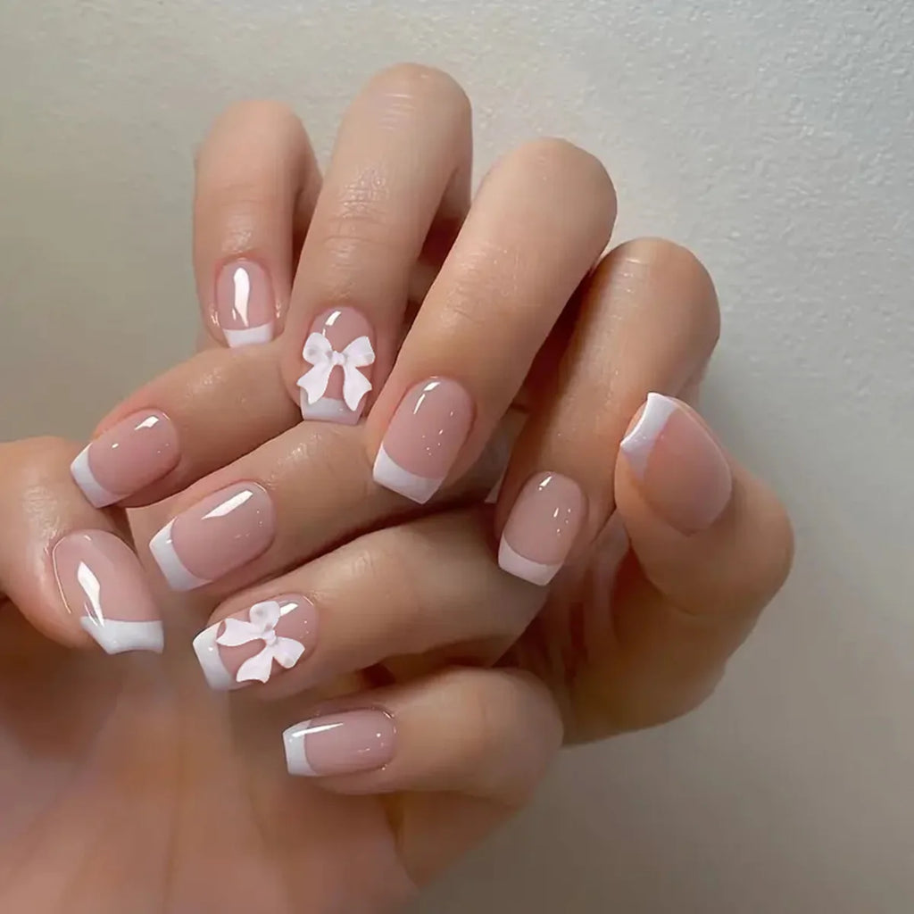 White French Press on Nails 3D Bowknot