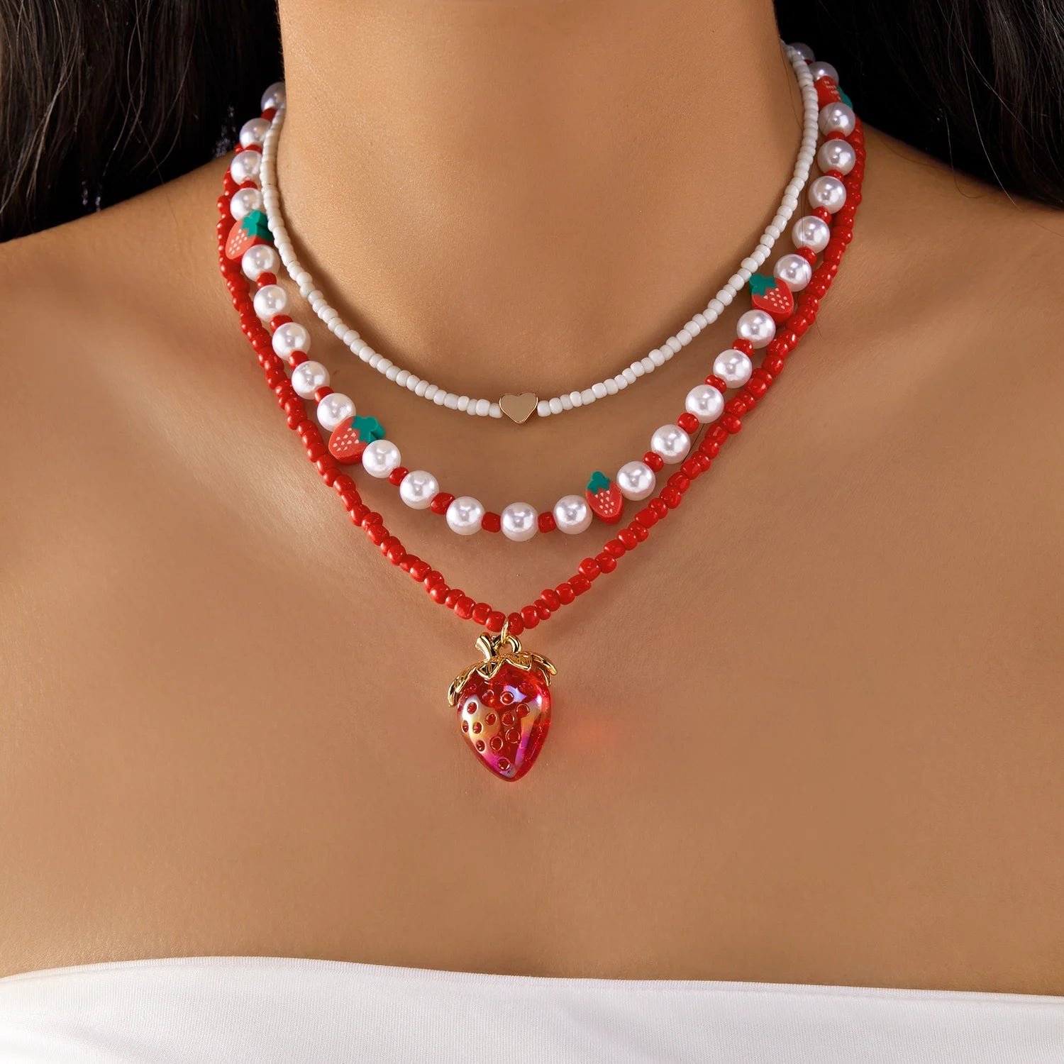 Trendy Red Fruit Cherry Pearl Necklace For Women