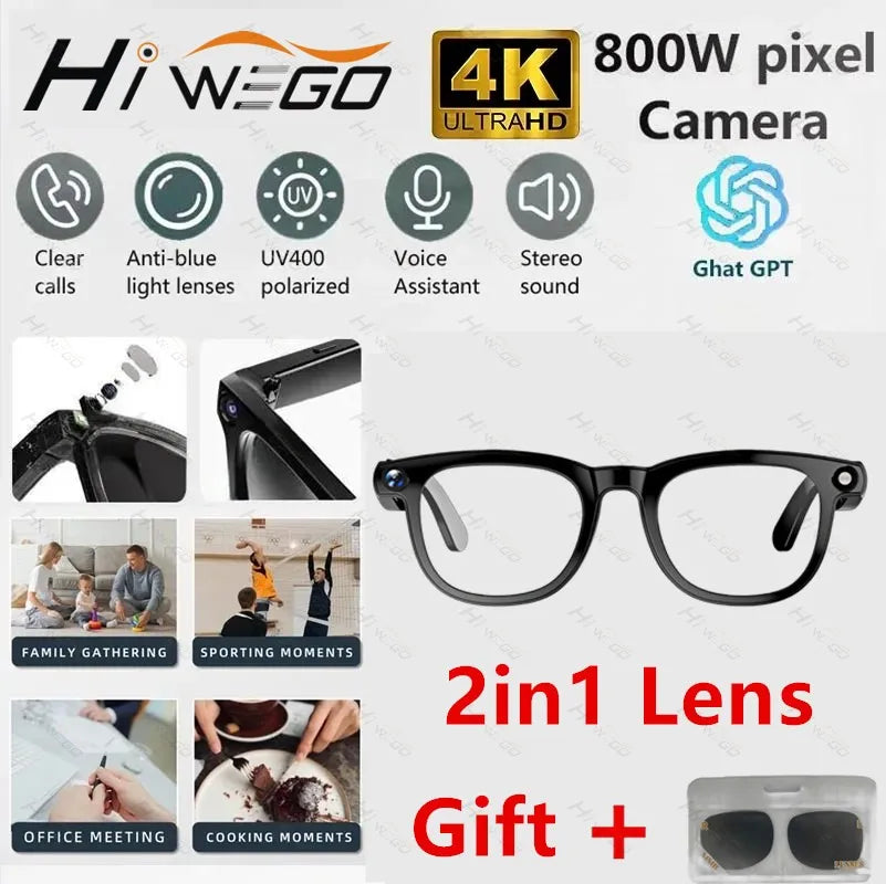 2-in-1 4K AI smart glasses with camera, calls, translation, and Bluetooth