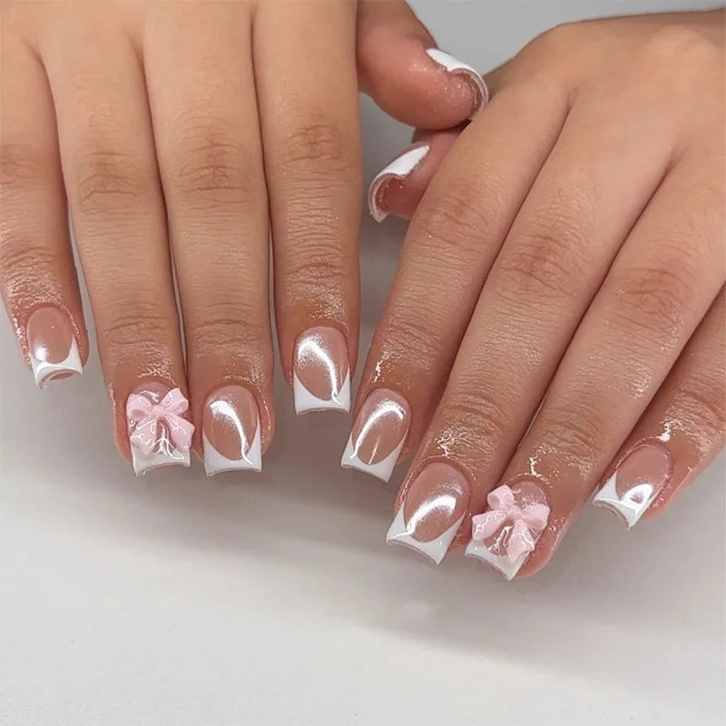 White French Press on Nails 3D Bowknot