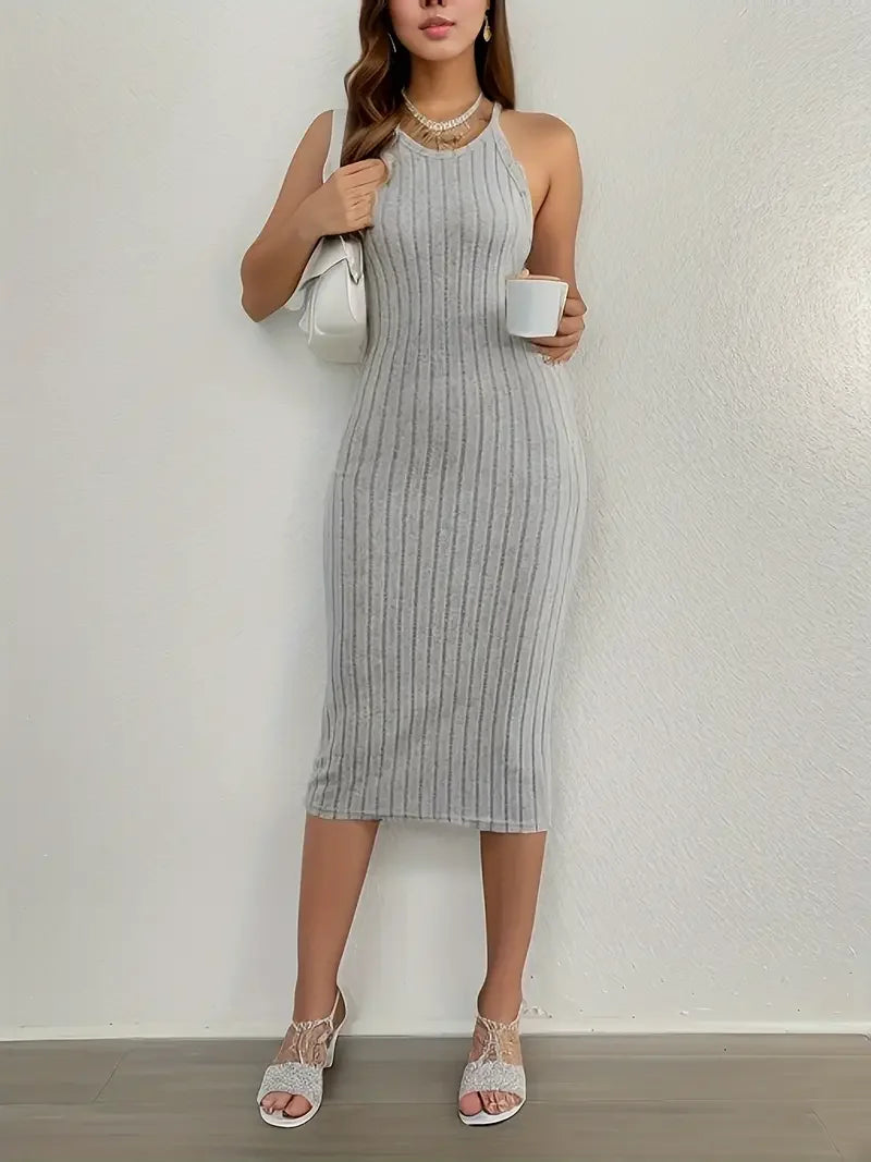 Ribbed Bodycon Sleeveless Midi Dress with Crew Neck (Casual Style)