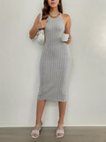 Ribbed Bodycon Sleeveless Midi Dress with Crew Neck (Casual Style)