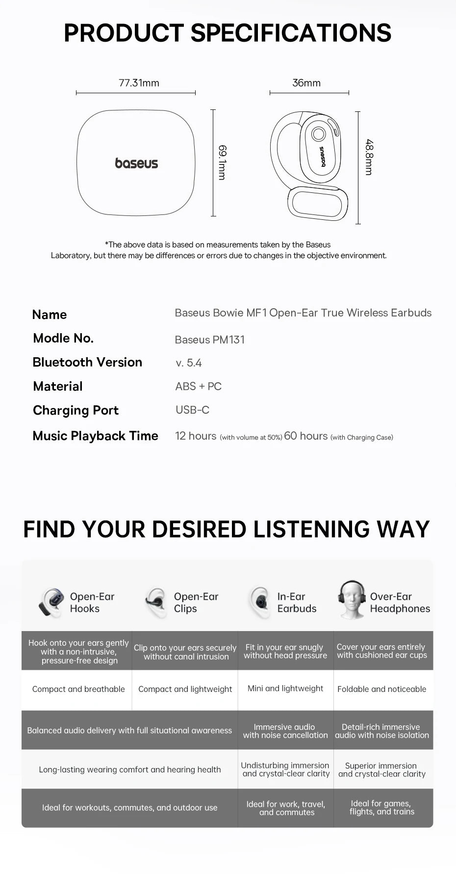 Baseus Bowie MF1 / Eli 15i Fit Open-Ear Wireless Earphones – Bluetooth 5.4, Earhooks, 60H Playtime