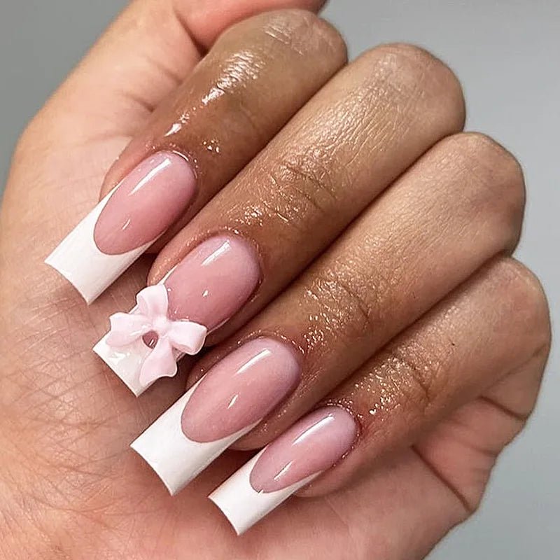 White French Press on Nails 3D Bowknot