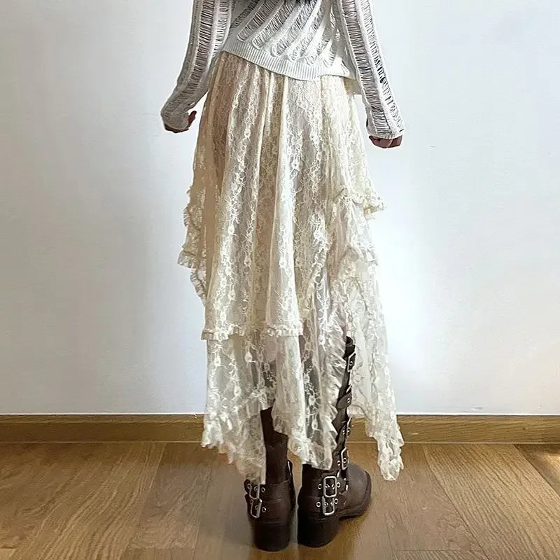 Lace Asymmetrical High-Waist Fairycore Skirt (Vintage Y2K Boho Style)