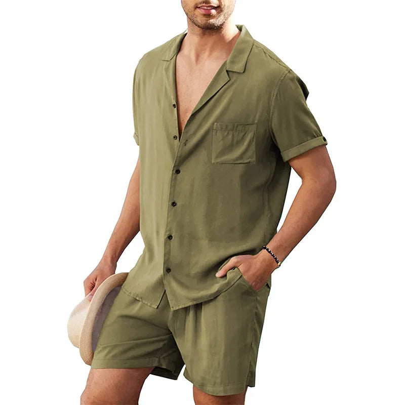 Cotton Linen Shirt Set Men's Casual 2-Piece Suit