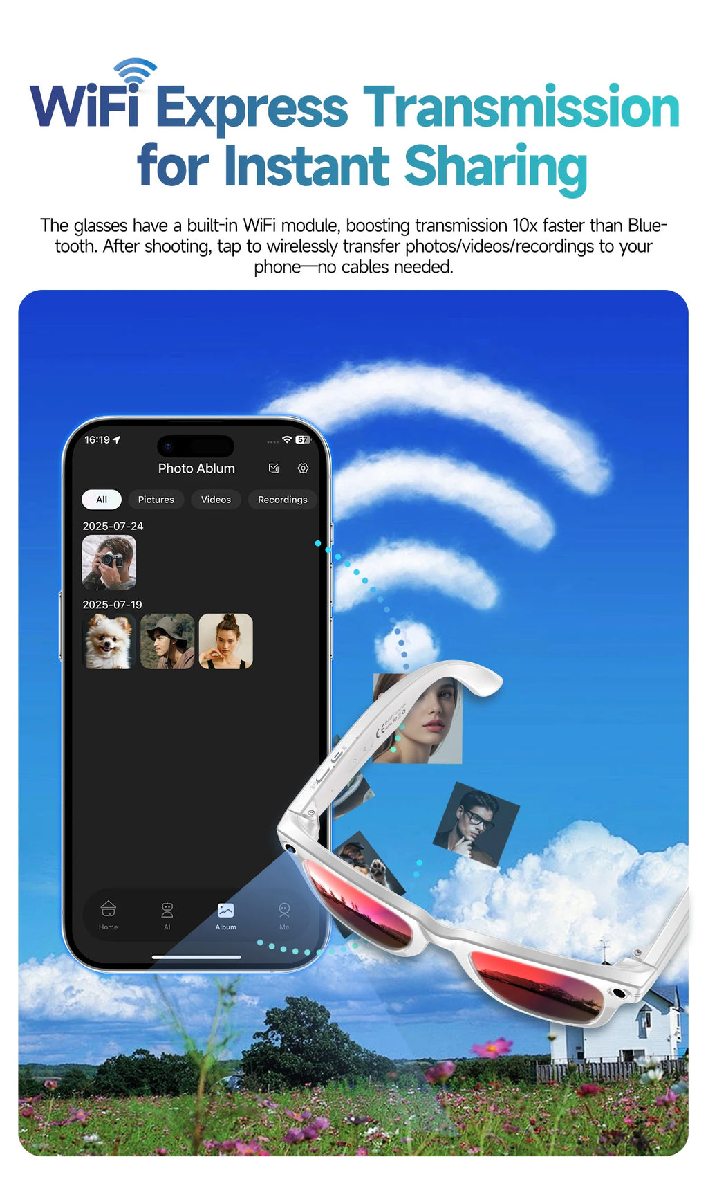 800W AI Camera Smart Glasses – Translation, Photo/Video, Waterproof, Calls, Color-Changing