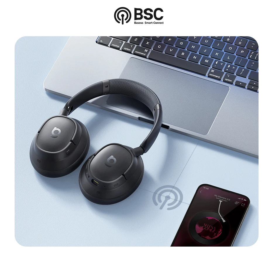 Baseus EH10 NC wireless headphones with adaptive noise canceling, Hi-Res audio, Bluetooth 6.0, and 80-hour battery.