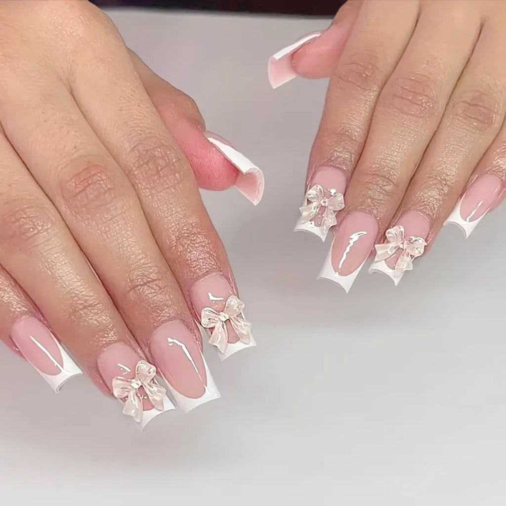 White French Press on Nails 3D Bowknot