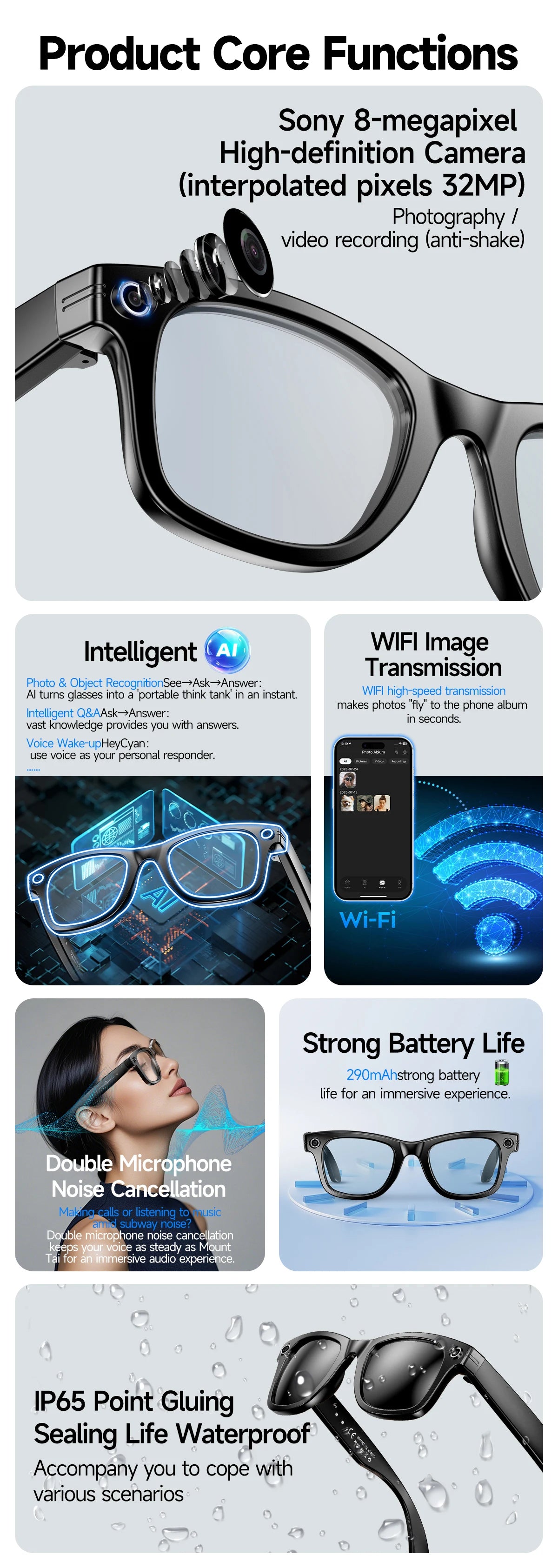 800W AI Camera Smart Glasses – Translation, Photo/Video, Waterproof, Calls, Color-Changing