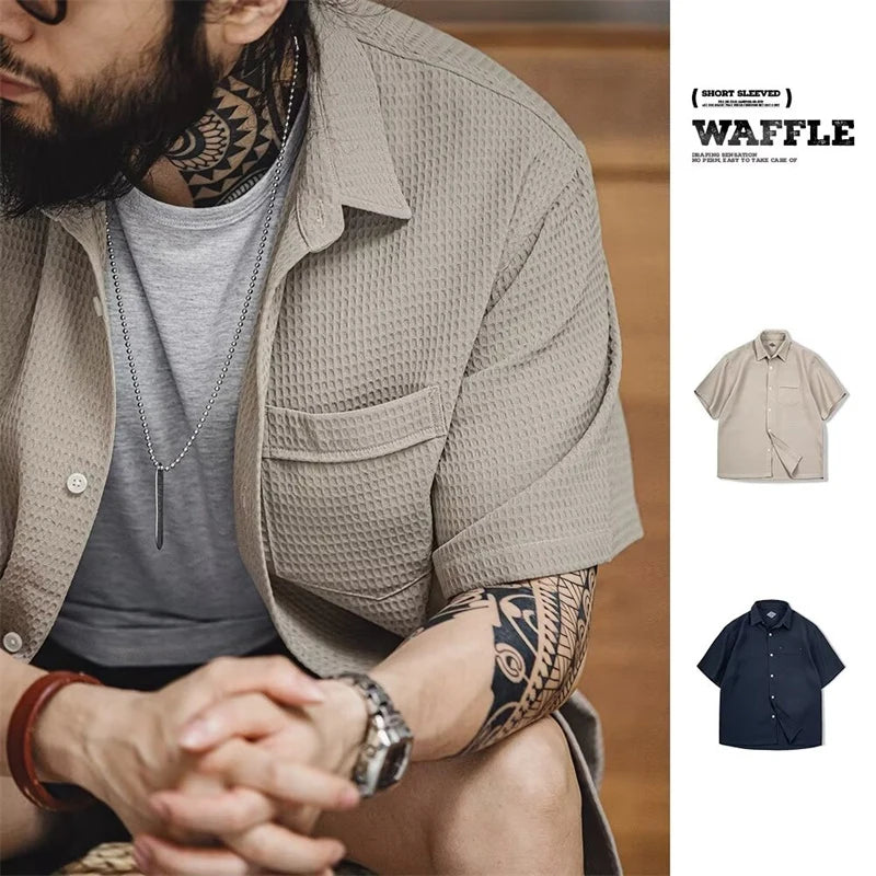 High Quality Casual Retro Men's Waffle Cargo Shirts