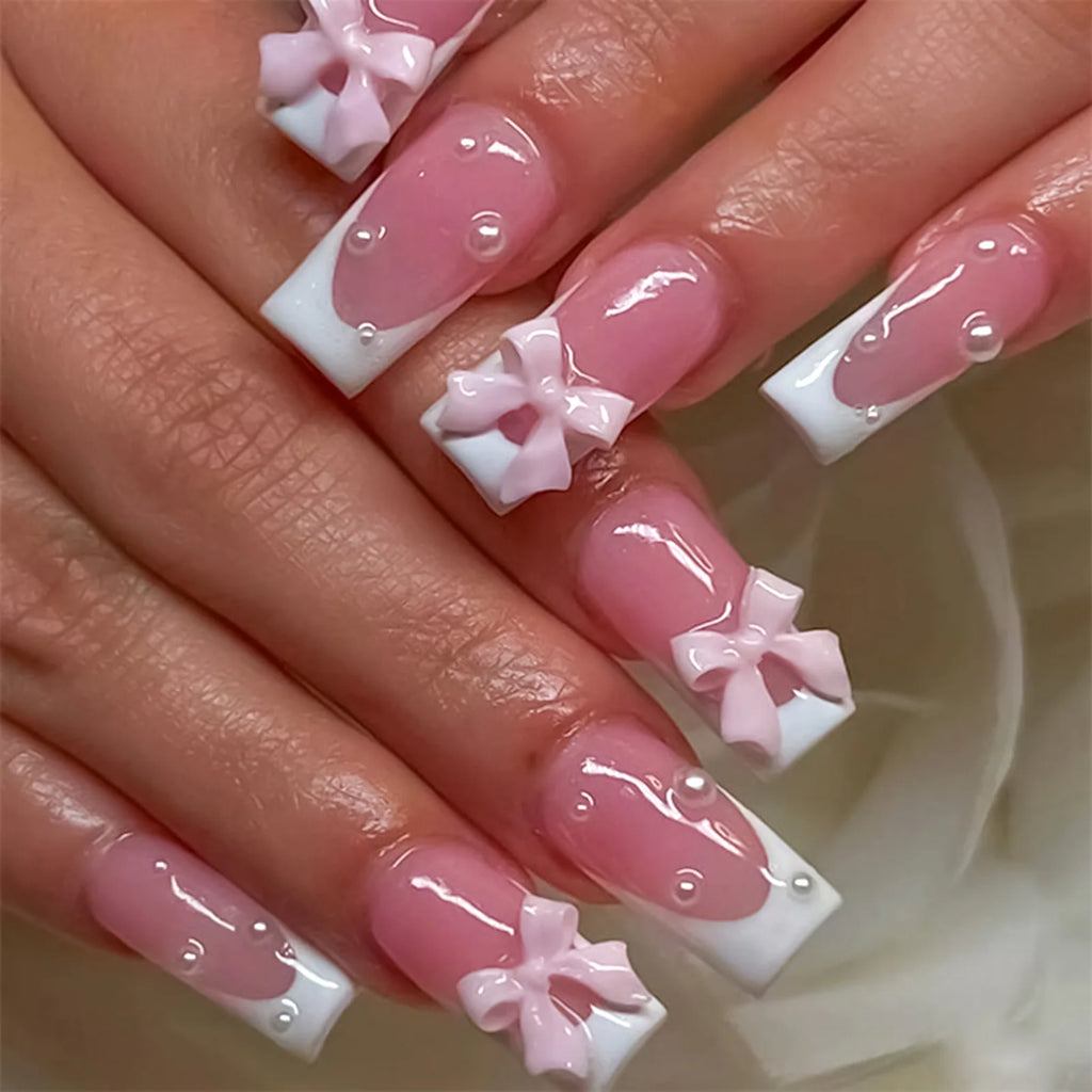 White French Press on Nails 3D Bowknot