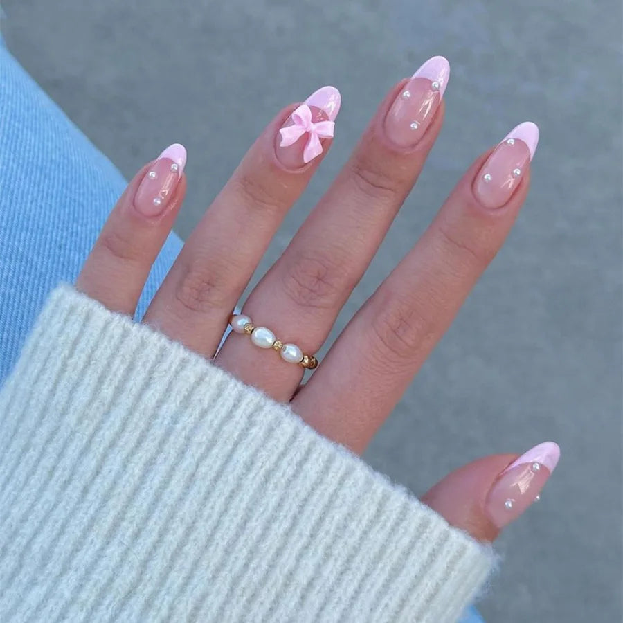 White French Press on Nails 3D Bowknot