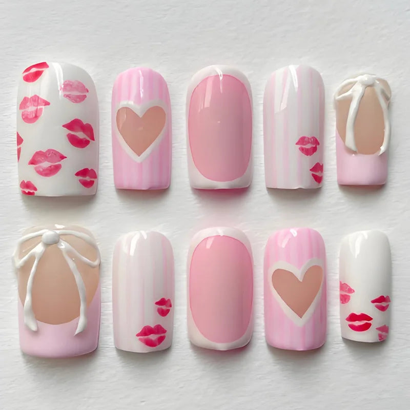 White French Press on Nails 3D Bowknot