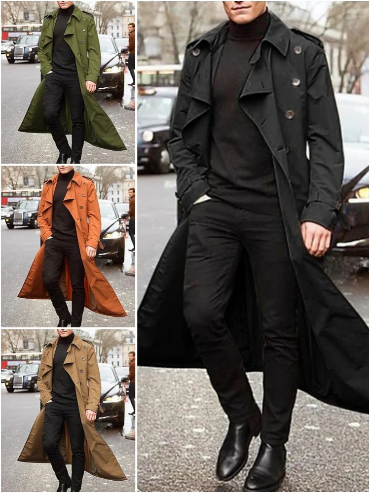 Men’s Overlong British Trench Coat with Epaulets (Spring Streetwear Style)