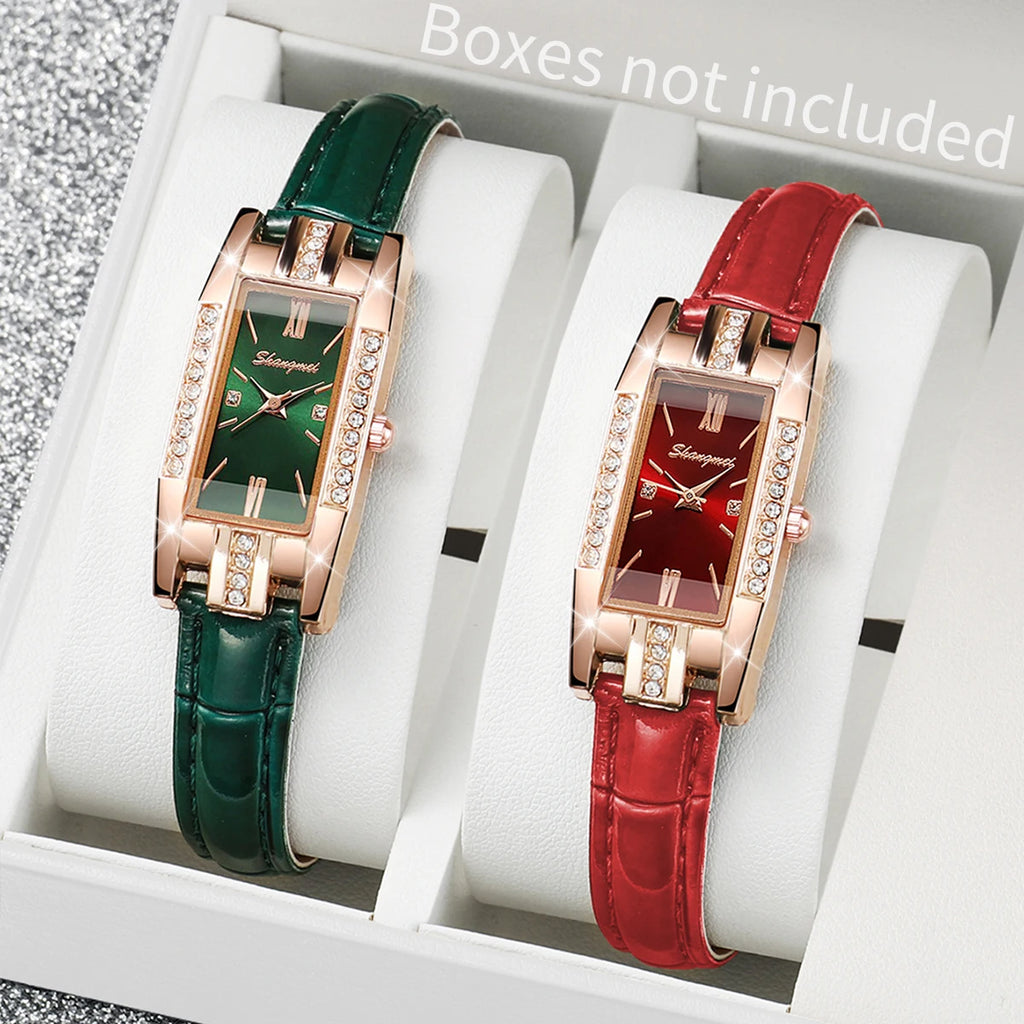 2 unidades/Reloj de cuarzo rectangular de moda para mujer con correa de cuero (sin caja)