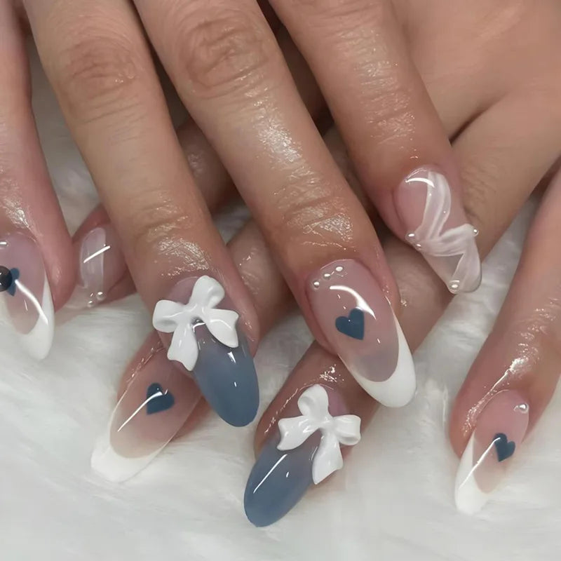 White French Press on Nails 3D Bowknot