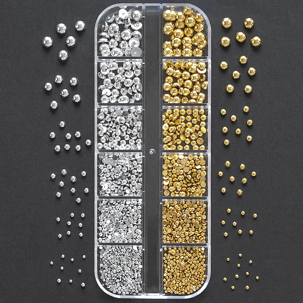 1 Box Half Round Flatback Nail Rhinestones Multi Size Gold& Silver