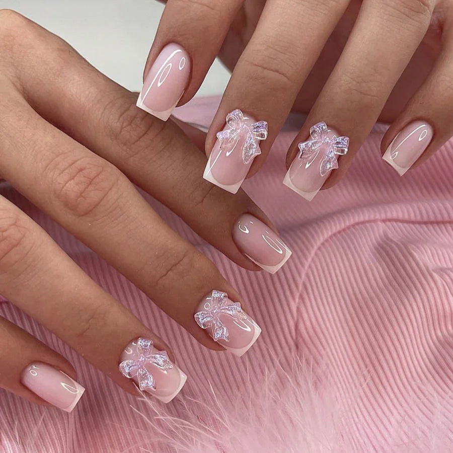 White French Press on Nails 3D Bowknot