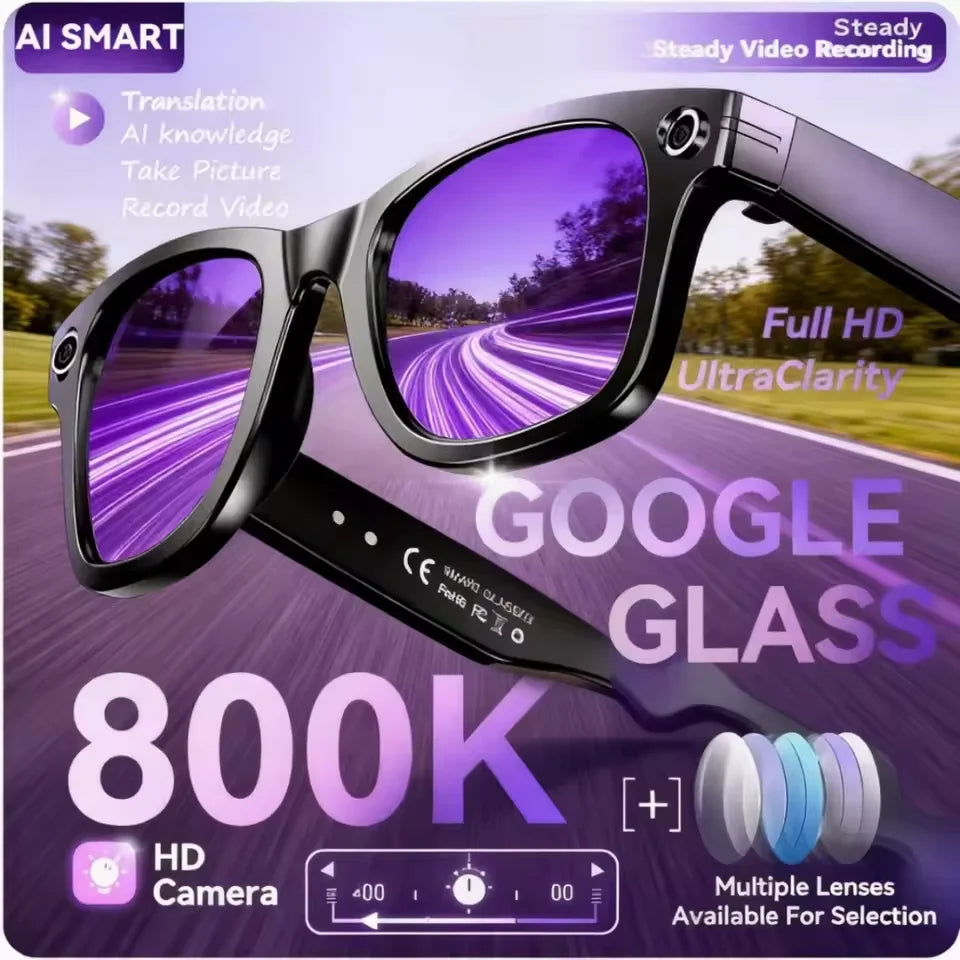 800W AI Camera Smart Glasses – Translation, Photo/Video, Waterproof, Calls, Color-Changing
