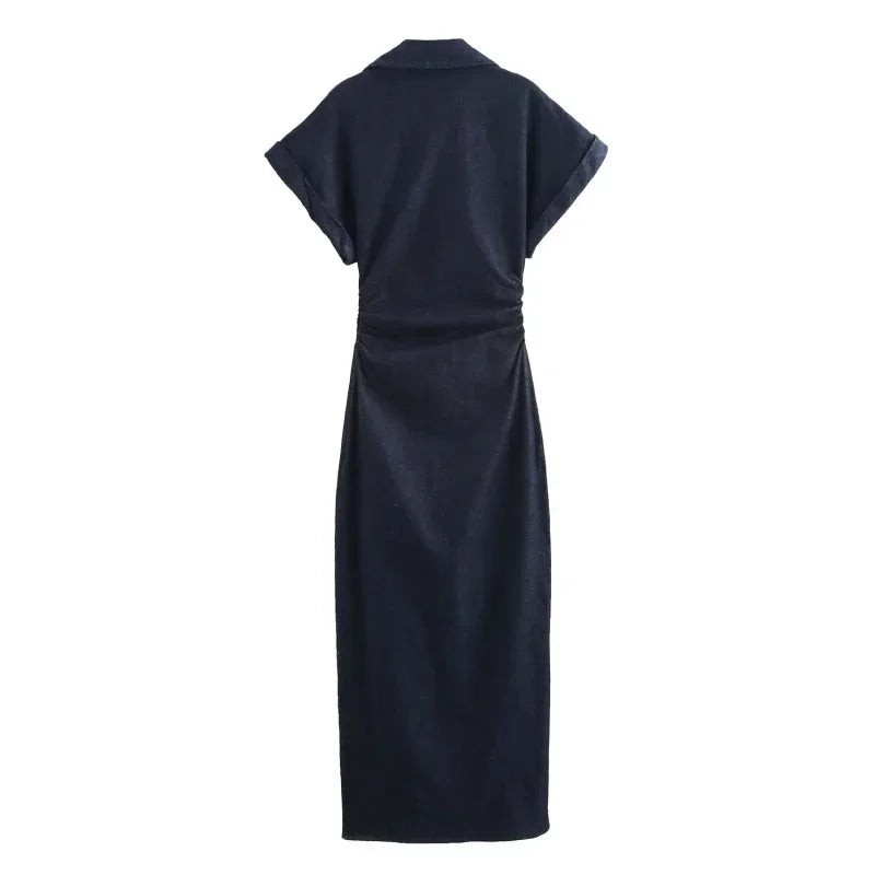 1975 Denim Midi Dress with Lapel & Slim Waist