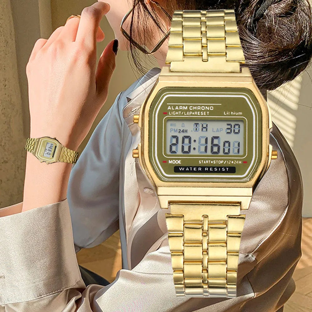 Elegant Unisex Digital Watch Gold/Silver Stainless Steel