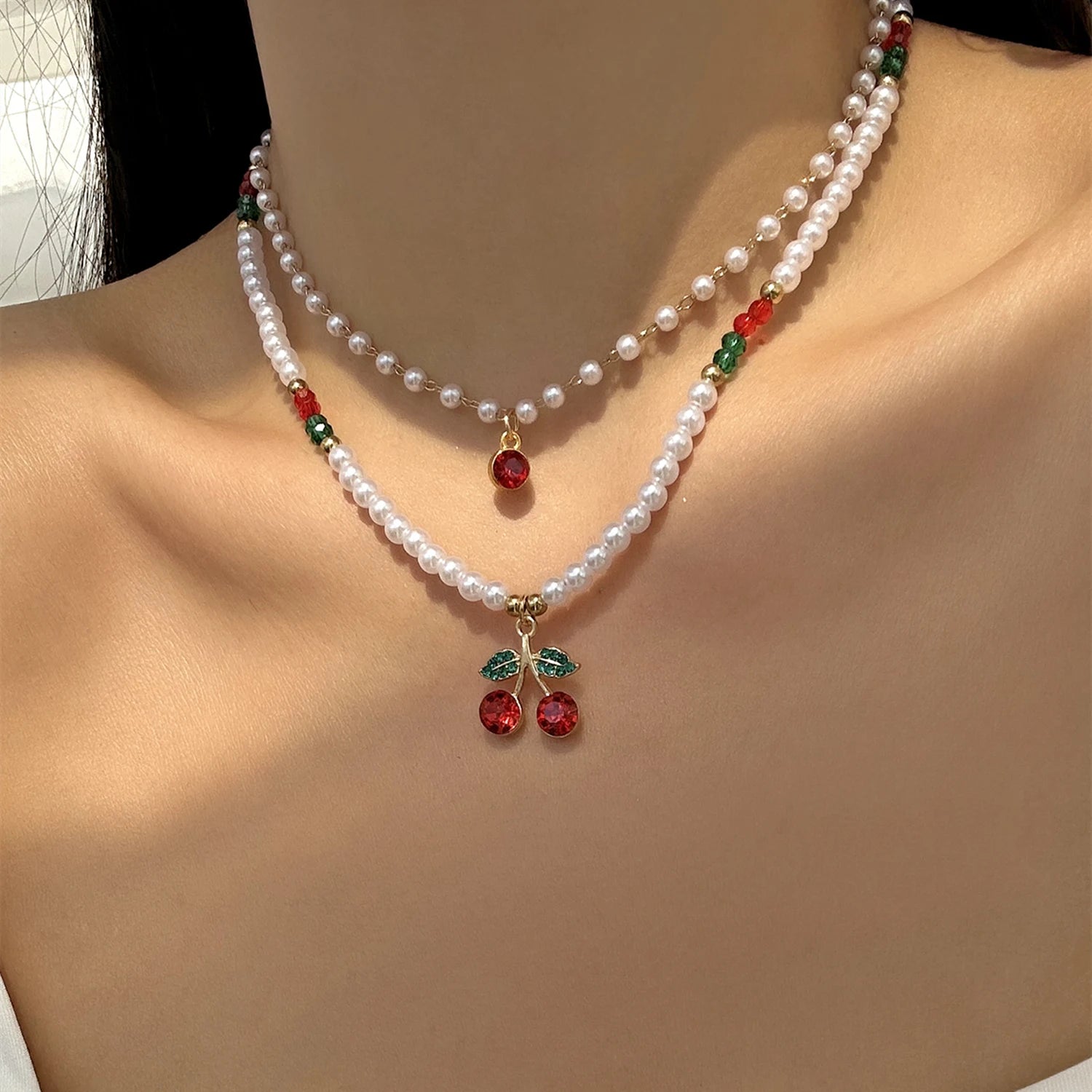Trendy Red Fruit Cherry Pearl Necklace For Women